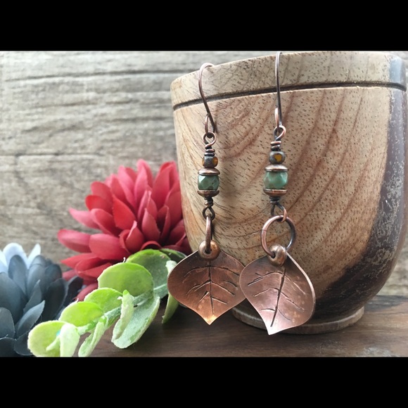 Copper leaf Czech glass bead dangle earrings - Picture 5 of 6